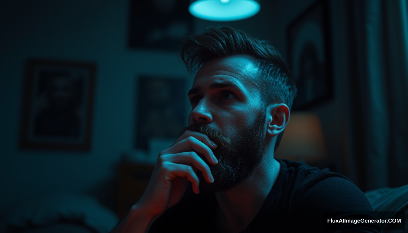 Bearded man in deep thought in a lightly lit room. Vibe with his demons. - Image