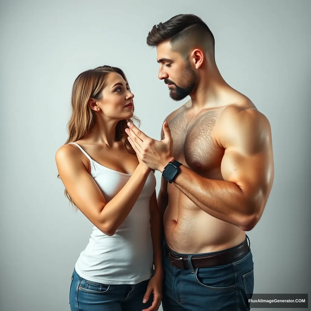 A pretty small delicate and slim lady hypnotizing her much bigger and muscular boyfriend in a session, looking directly into his eyes.