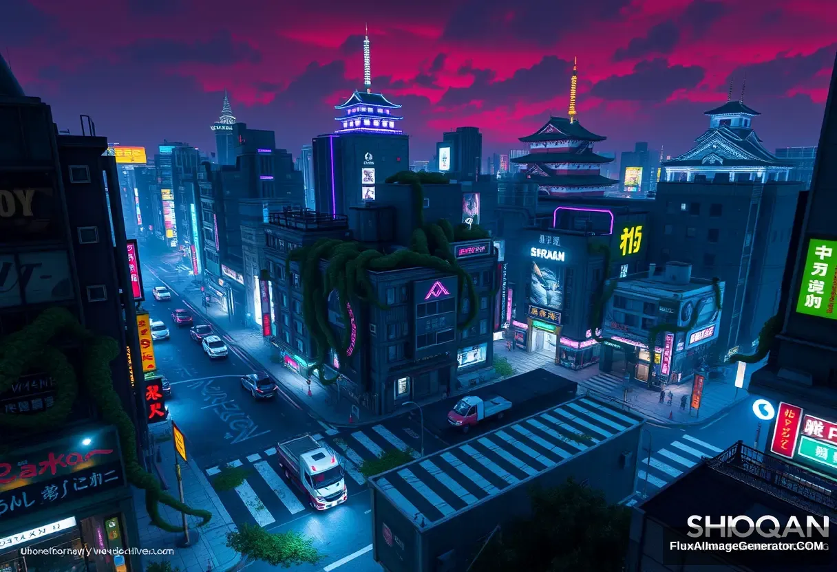 A Shibuya Scramble Crossing game concept design, nice and detailed, Cyberpunk style, Tokyo city night, Aerial view, buildings are corrupted by many giant vines, Abandoned cars and trucks, blue and purple neon lights, Japanese Edo Castle, sky is dyed red, unreal engine, PBR rendering, CG style.