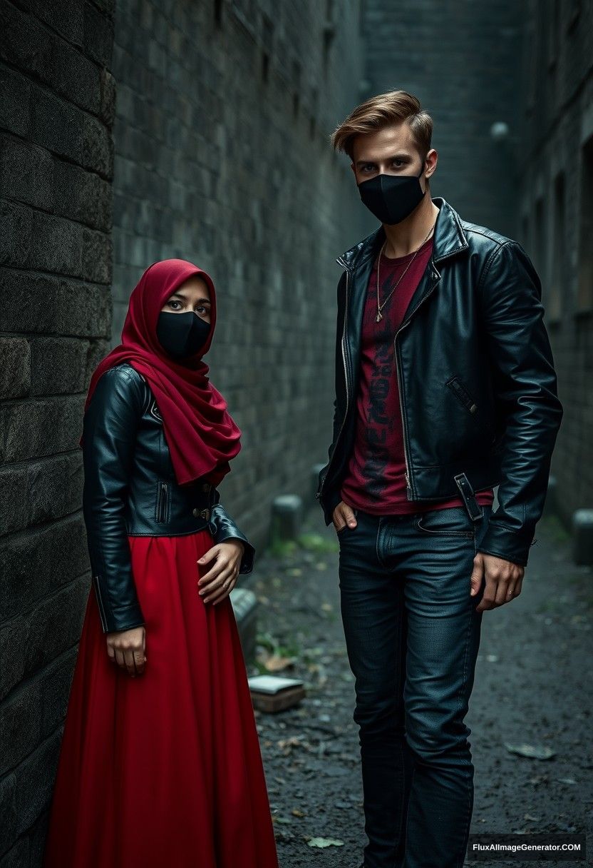 A biggest black hijab girl, beautiful eyes, face mask black, black leather jacket, biggest red longest dress, untall,

Jamie Dornan, handsome, face mask black, fit and tough body, metal red t-shirt, black leather jacket, jeans, tall man,

standing near wall together,
Hyper realistic, photorealistic, street photography, Victoria's abandoned castle, gloomy, darkness. - Image