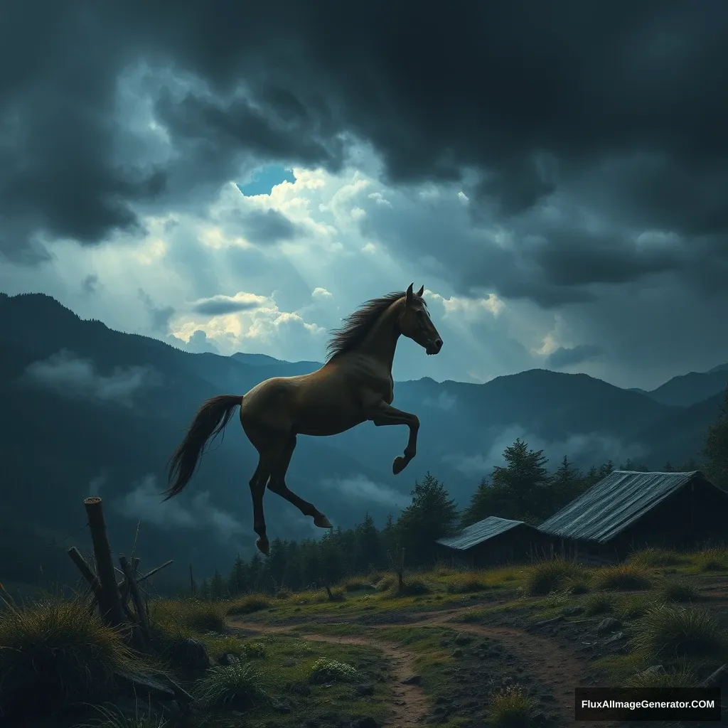 On a stormy night, a galloping horse walked into the farmers on the mountain. - Image