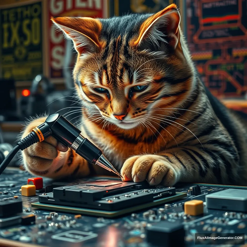 A tabby cat, whiskers twitching with concentration, delicately wields an electric soldering iron, repairing a complex motherboard. Hyper-realistic details: fur texture, circuit patterns, wisps of solder smoke. Warm workshop lighting. Retro tech posters. Tense atmosphere of precision work. Micro-components scatter nearby. - Image