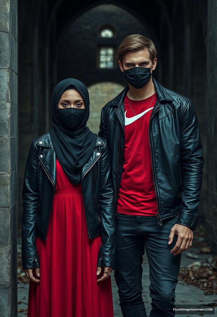 A big black hijab girl, beautiful eyes, black face mask, black leather jacket, long red dress, not tall,

Jamie Dornan, handsome, black face mask, fit and tough body, red Nike t-shirt, black leather jacket, jeans, tall man,

standing lean against the wall together,
Hyper-realistic, photorealistic, studio photography, Victoria's abandoned castle, gloomy, darkness. - Image