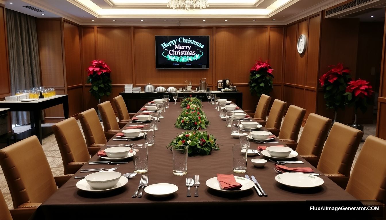 Photograph of a formal dining setup in a luxurious room. The long dining table is set with plates, bowls, glasses, napkins, and chopsticks, but no forks or spoons. The background features a buffet table with various items, a mounted TV displaying a Christmas greeting, and red poinsettia plants adding a festive touch. The room has wooden paneled walls, and there are no Christmas trees present. - Image