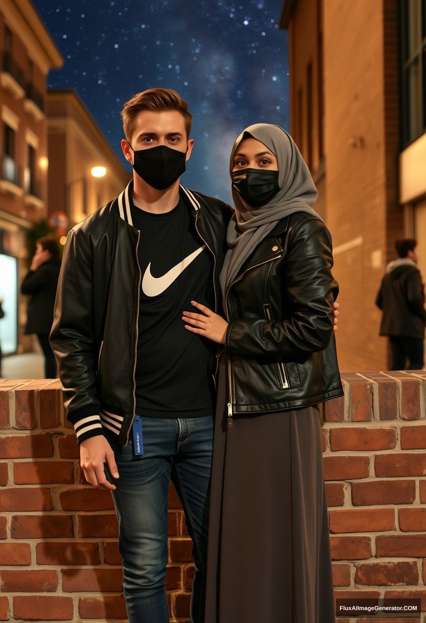 Jamie Dornan, youngest, black face mask, collage jacket, Nike t-shirt, jeans, tall man, fit body,

Dating, love with the biggest grey hijab Muslim girl, beautiful eyes, black face mask, leather jacket, biggest longest skirt, slim shorter girl, love holding him.

Standing at a brick wall, spoiler, in town, night scenery, Milky Way, hyper-realistic, photorealistic, street photography. - Image