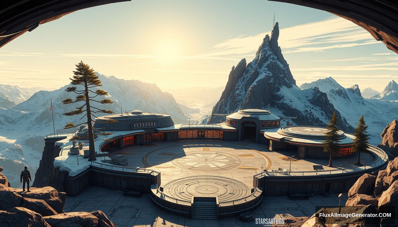 Cel shaded art, wide shot, a sci-fi center on the top of a snow mountain, open air, close look, cyberpunk, military base, Star Wars style, indoor, patio, morning, sunlight, fortress, mountain, rock, snow, tarmac, parking apron, cave, tree, landing field, cliff, round shape, tower. - Image