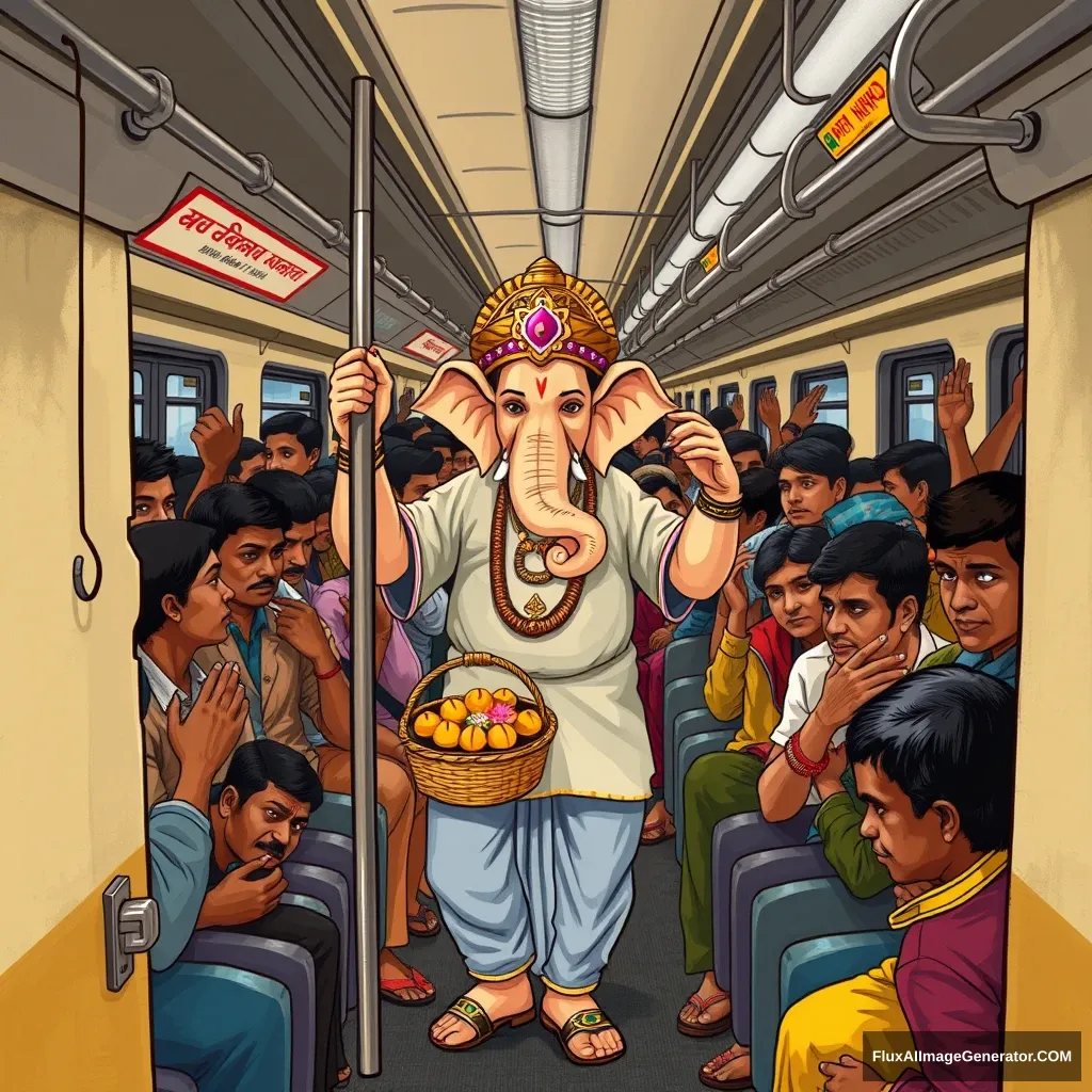 Create an image of Lord Ganesha, depicted as a real human god, traveling in a packed Mumbai local train during the peak rush hour. The train is crowded, with every inch of space filled by daily commuters, all jostling for room. Ganesha, standing calmly amidst the crowd, blends in with the other passengers, dressed in a simple yet traditional kurta-pajama with a touch of divine aura.

The scene should capture the essence of Mumbai's local trains: the hustle and bustle, the energy, and the diversity of people—office workers, students, and vendors—all squeezed together, holding onto the overhead handles or leaning against the doors. Despite the cramped space, there’s a sense of excitement in the air as a few passengers recognize Ganesha. Their expressions range from surprise to joy, with some whispering among themselves and others offering a silent prayer.

Ganesha holds onto a pole with one hand, while in the other, he carries a small basket filled with festival offerings like modaks and flowers, symbolizing his journey to celebrate the festival with his devotees. The vibrant colors, the chaotic yet familiar environment, and the mix of light and shadow through the train windows should be depicted in high detail, capturing the unique blend of the divine traveling in the mundane, everyday life of Mumbai.