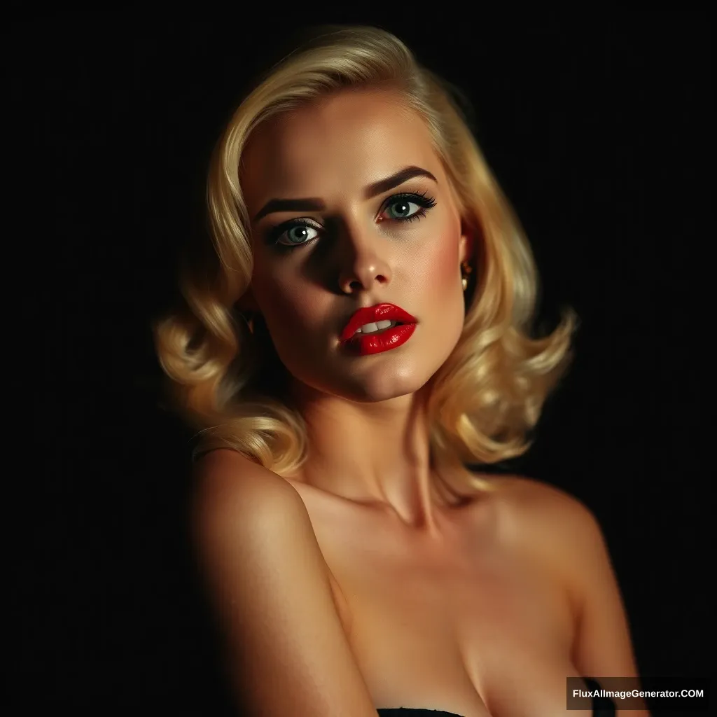 "Movie photo portrait poster of a blonde femme fatale with black dramatic character lighting, 85mm lens, in the style of Gil Elvgren and Helmut Newton." - Image