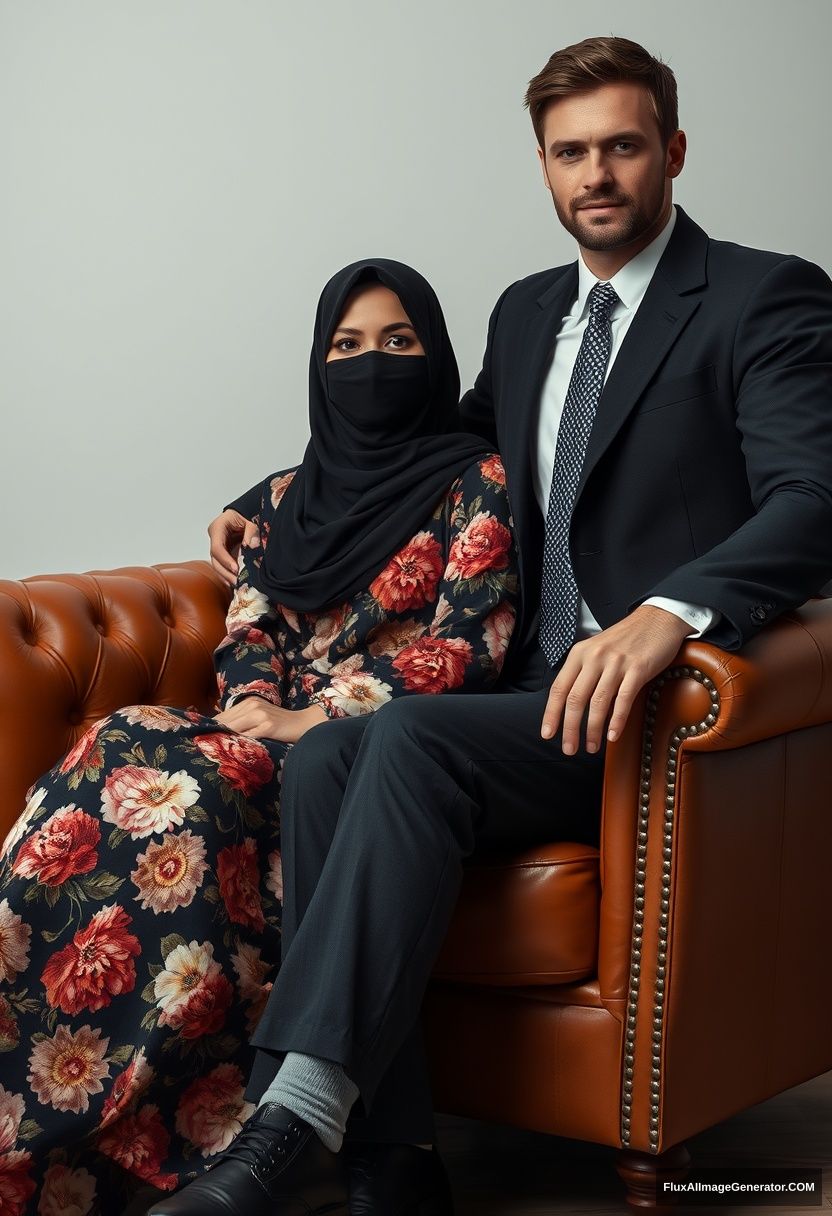 A biggest black hijab girl, slim girl, beautiful eyes, face mask black, biggest floral longest dress, sitting on leather single wing sofa, 

Jamie Dornan, youngest, black coat, white shirt, grey pattern tie, black leather sneaker, tall man, face mask black, fit tough body, sitting near her,

hyper-realistic, studio photography.