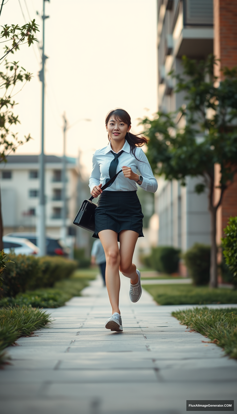 A girl dressed in office attire is jogging home, of Asian descent, full-body shot, evening light.