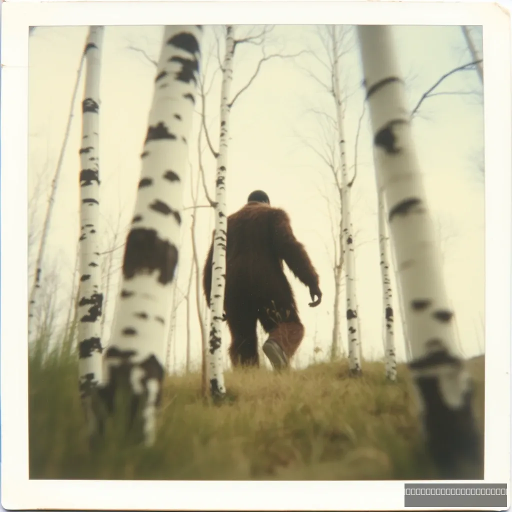 Big foot behind some birch trees from a distance. Old Polaroid photo.