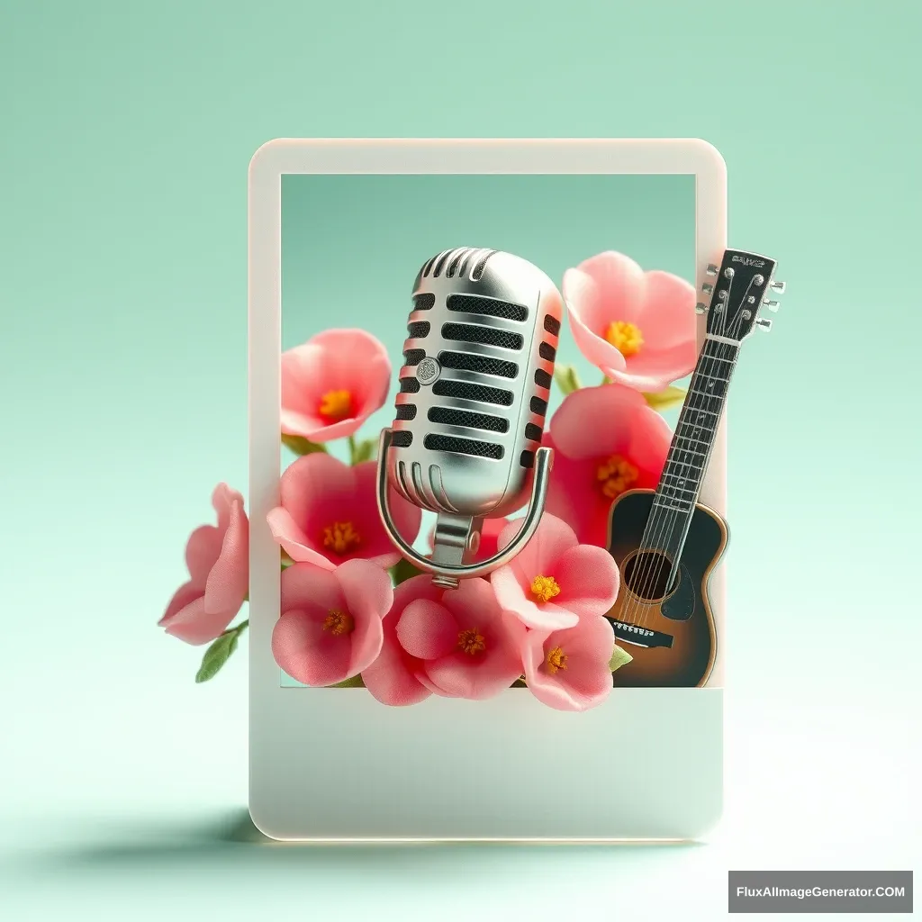 Glass Polaroid with flowers around the microphone, Translucent, Pink and Green Gemstone Style, Korean, Rococo, Miniatures, 3D Texture, C4D Style, Guitar on the side, --niji 6 - Image