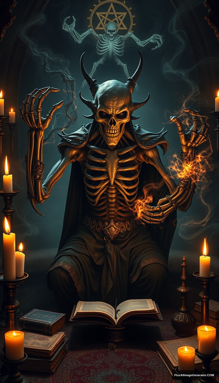 A grotesque human Necromancer, half-transformed into a lich, performs an intricate summoning ritual. Semi-formed skeletal hands weave arcane sigils in the air, surrounded by flickering candles. Dark tendrils of necromantic energy swirl, merging fantasy and horror. Ancient tomes and occult artifacts scatter the shadowy chamber.