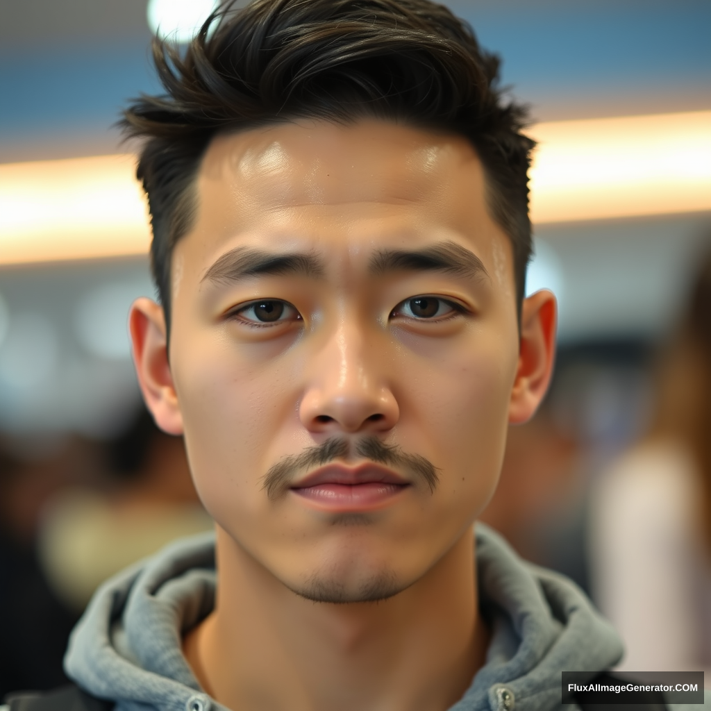 A handsome and cute Korean man's face in his 20s with a mustache. Sad face.