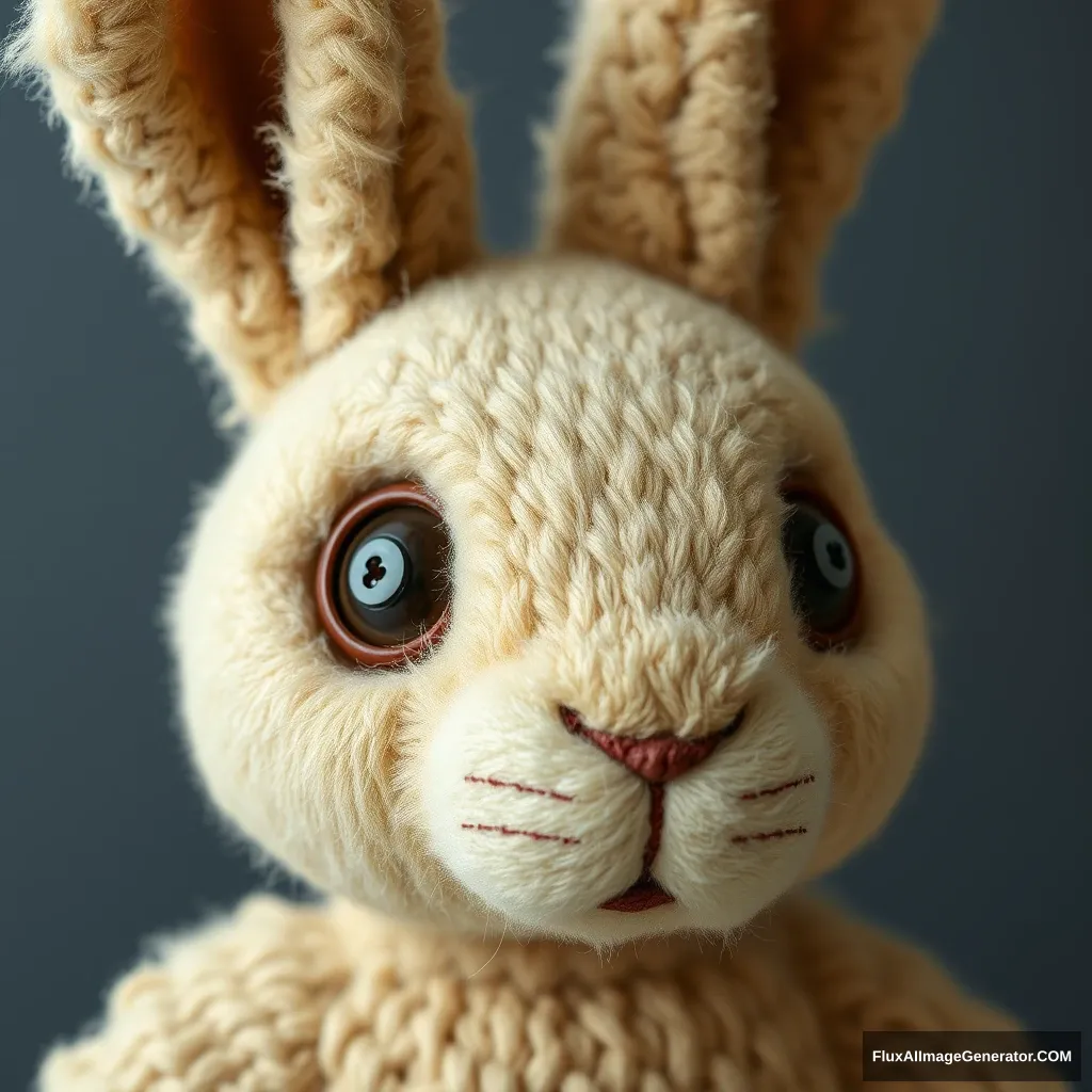 Plush bunny, button eyes, raggedy stitch, hyper-realistic. - Image