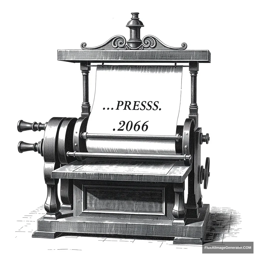 grayscale 1700s printing machine printing a paper that says ..PRESS 206