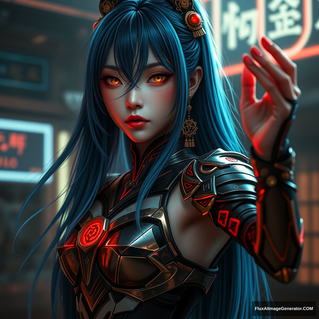 A full-body portrait of an elegant and graceful yet daring cyberpunk futuristic neon girl with long blue hair and reflective gold eyes, decorated with traditional Japanese ornaments. The background is atmospheric and moody, featuring subtle neon accents and a more refined, less cluttered setting. The girl's outfit is a blend of high-tech armor and traditional Japanese elements, with a focus on elegance, sleek design, and a daring attitude. The overall style is dreamy and surreal, moving gracefully and smoothly, with arms rising and falling as if performing natural magic. Stop motion. Freeze frame. Hyperrealistic. Oil painting. Volumetric lighting. Daily Theme: cyberpunk futuristic neon girls, By Oleg Ts. - Image