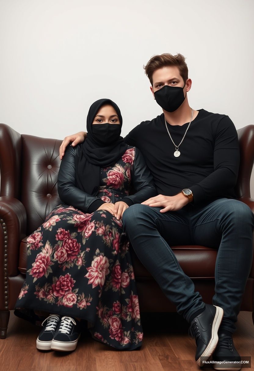 A biggest black hijab girl, slim girl, beautiful eyes, face mask black, black leather jacket, biggest floral long dress, black leather sneaker, sitting on leather single wing sofa, Jamie Dornan, youngest, silver necklace for men, black T-shirt, jeans, black leather sneaker, tall man, face mask black, fit body, sitting near her, hyper realistic, studio photography.