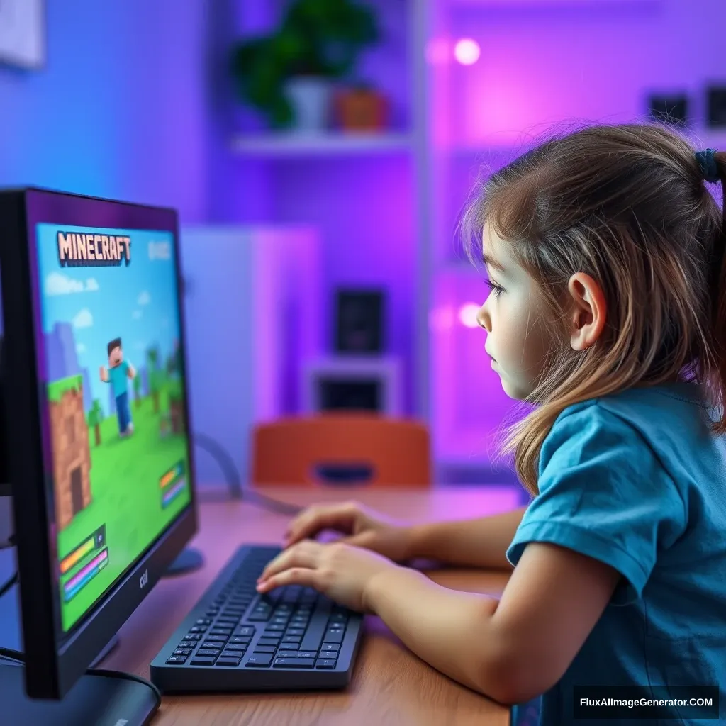 A little girl is playing the Minecraft game on the computer screen.