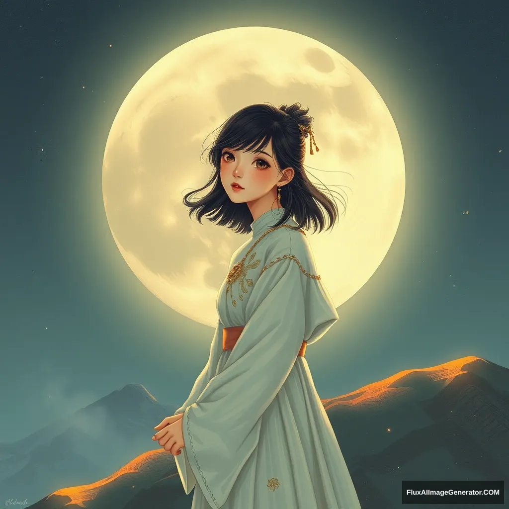 An Asian girl, on the moon,