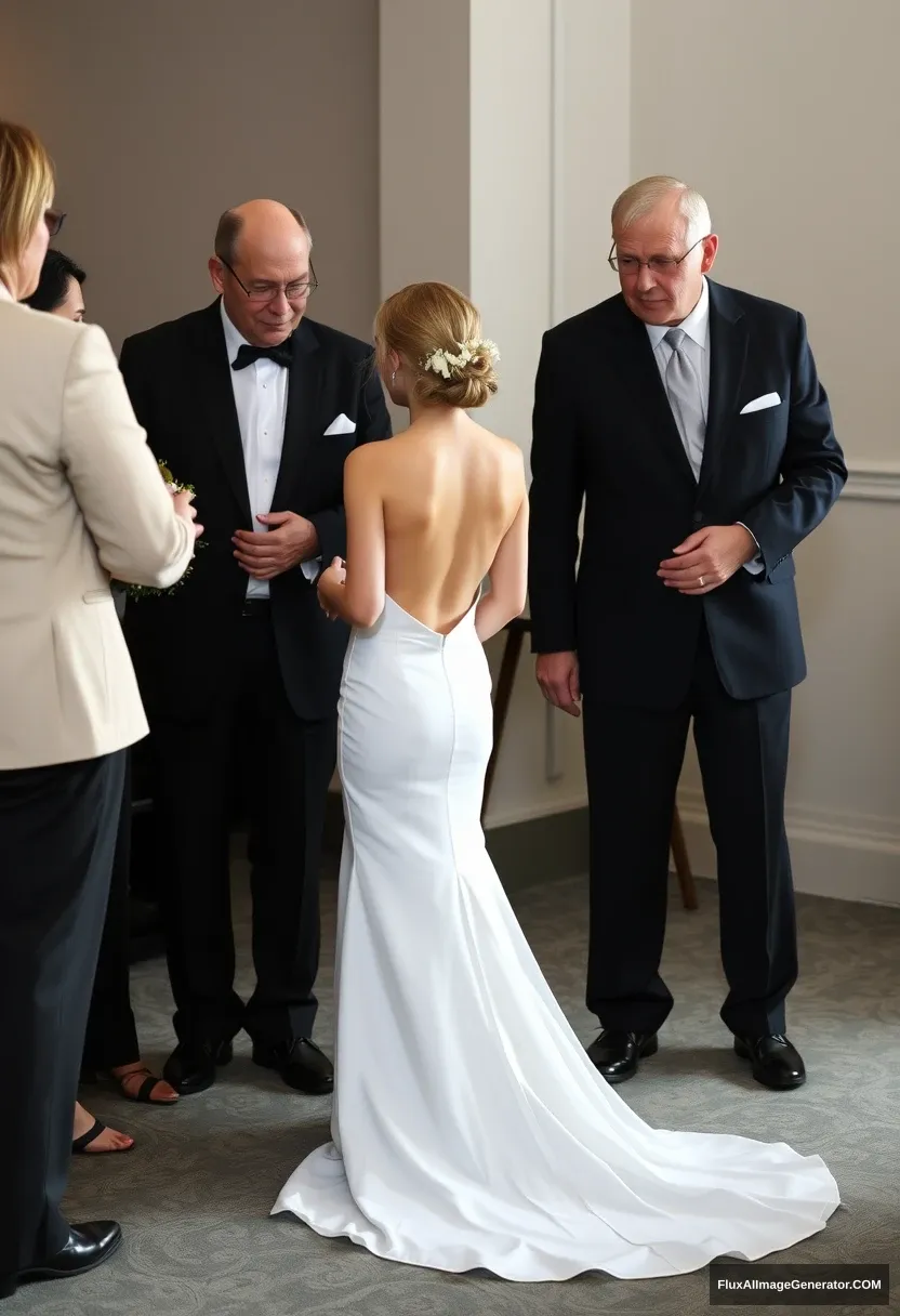 A petite young woman, sensitive, delicate, girly, backless strapless side-less low-waisted V open cut line contouring wedding dress. Fawning obediently mingling with fathers. Expectations. Perfect posture. Pale skin. - Image