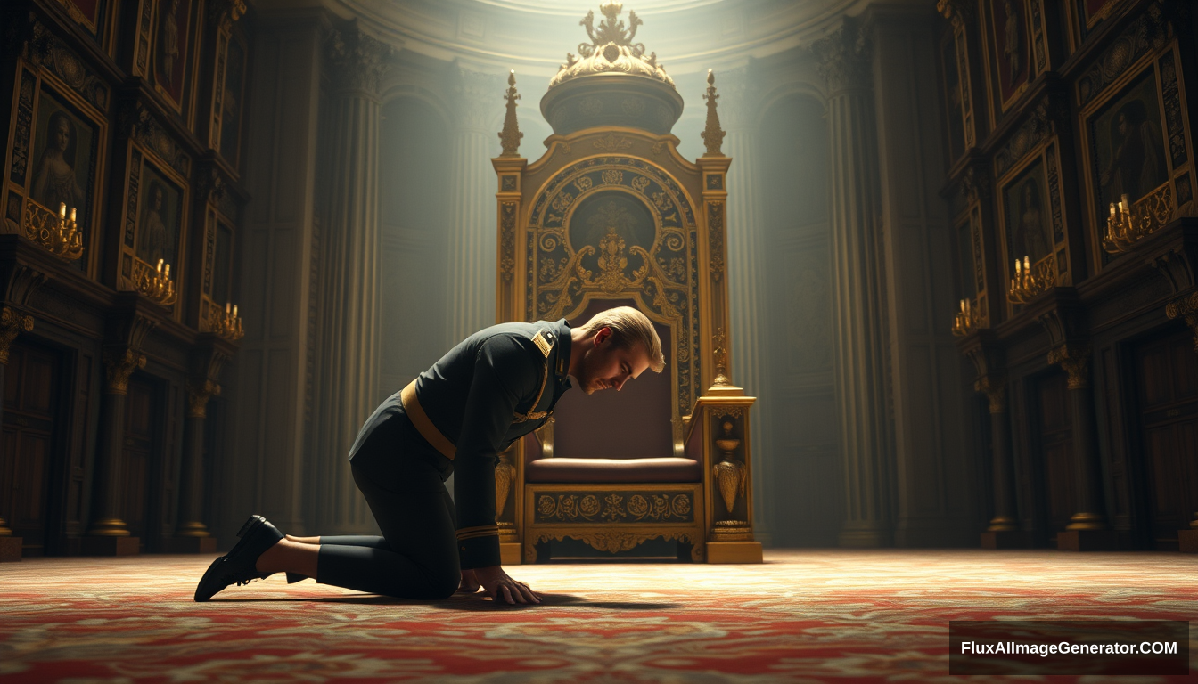 Main Character: A handsome and muscular blonde British King in a British Royal Army uniform, with a strong and defined physique, is on all fours, head bowed to the ground, trembling in front of a massive golden throne. His posture conveys a sense of fear and submission. He is positioned slightly to the side of the throne, offering a profile view of his face. His expression is one of abject terror and desperation.  
Background: The scene is set in a grand, opulent hall within a palace in modern-era Europe. The hall is vast and stretches into the distance, its high vaulted ceilings lost in shadow. Intricate carvings and tapestries adorn the walls, hinting at the immense power and wealth of the monarchy. The lighting is dramatic, with a single light source illuminating the king and the throne, casting long, deep shadows across the hall, emphasizing the grandeur and somber mood.  
Visual Style: The visual style should mimic professional, cinematic photography, with a focus on sharp detail, realistic textures, and a deep, rich color palette. The image should evoke a sense of historical drama and convey the immense power of the throne in contrast to the king's vulnerability. Think of the rich, detailed style of classical paintings. The overall tone should be dark and dramatic, with a focus on the interplay of light and shadow.