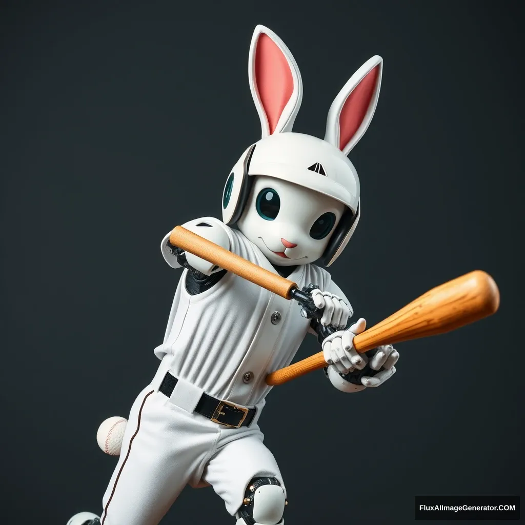 A rabbit robot is playing baseball while wearing a helmet. - Image