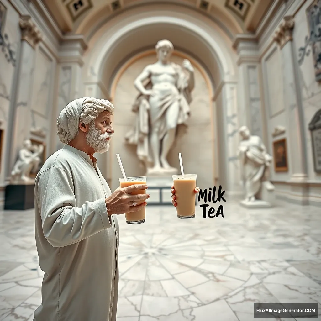 Creative advertisement for milk tea, wide-angle lens, surreal images, ancient Greek sculpture, museum exhibition hall, holding milk tea, conversing with each other, background of marble material, white and elegant, the background is a museum, photographic art, depth of field, surreal images, Michelangelo, Andrej Rubliev, lighting.