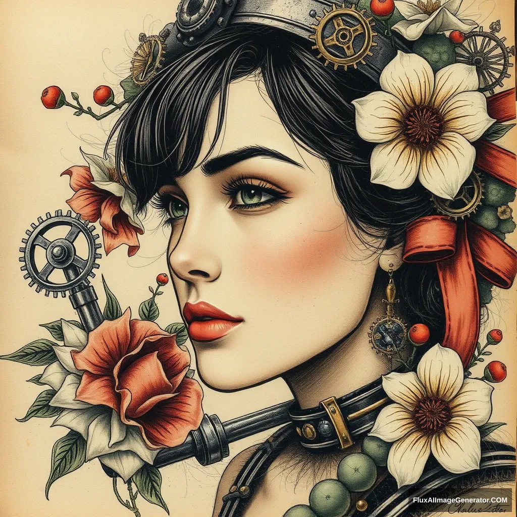 Charlie Bowater realistic lithography sketch portrait of a woman, flowers, [gears], pipes, dieselpunk, multi-colored ribbons, old paper texture, highly detailed.