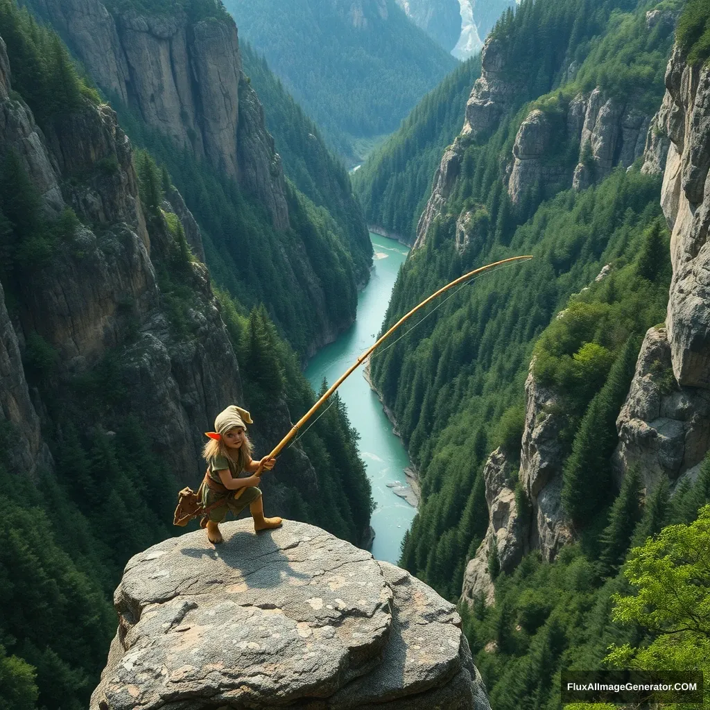 An elf made a bamboo fishing rod on a rock in a deep mountain canyon, fishing for river grouper. Farewell to the Grand View, highlighting the depth of the canyon and the primitive forests on both sides.