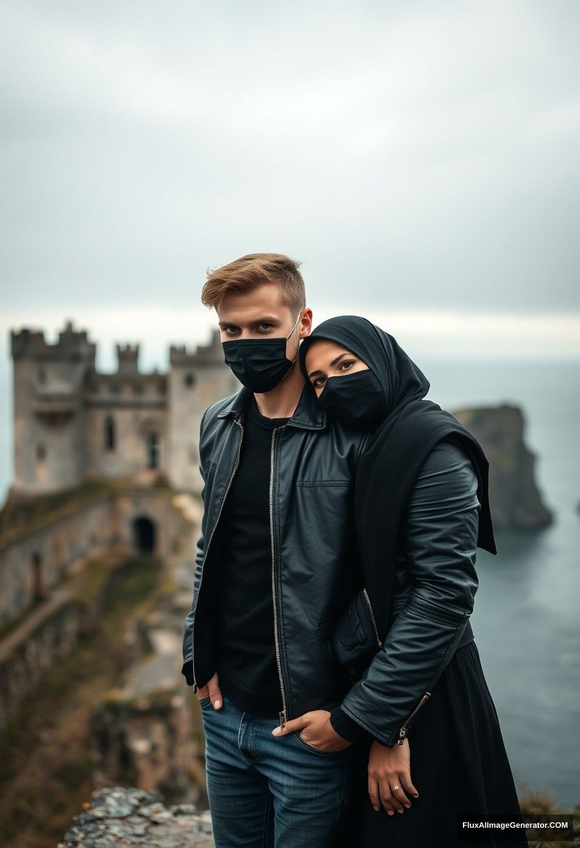 Jamie Dornan's head and body shot, handsome, youngest, face mask black, black leather jacket, jeans, dating, love with the biggest black hijab Muslim girl, not tall, beautiful eyes, face mask, maroon leather jacket, biggest black skirt, leaning on his shoulder, hyper realistic, studio photography, full body photo, exploring at an abandoned castle, at sea, gloomy scenery. - Image