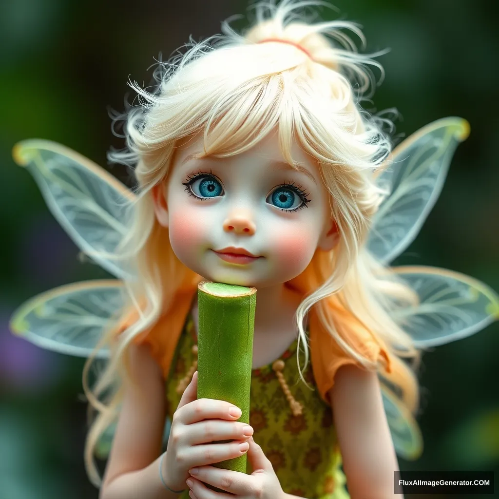 Cute white ginger fairy looking like a green cigar taller than her.