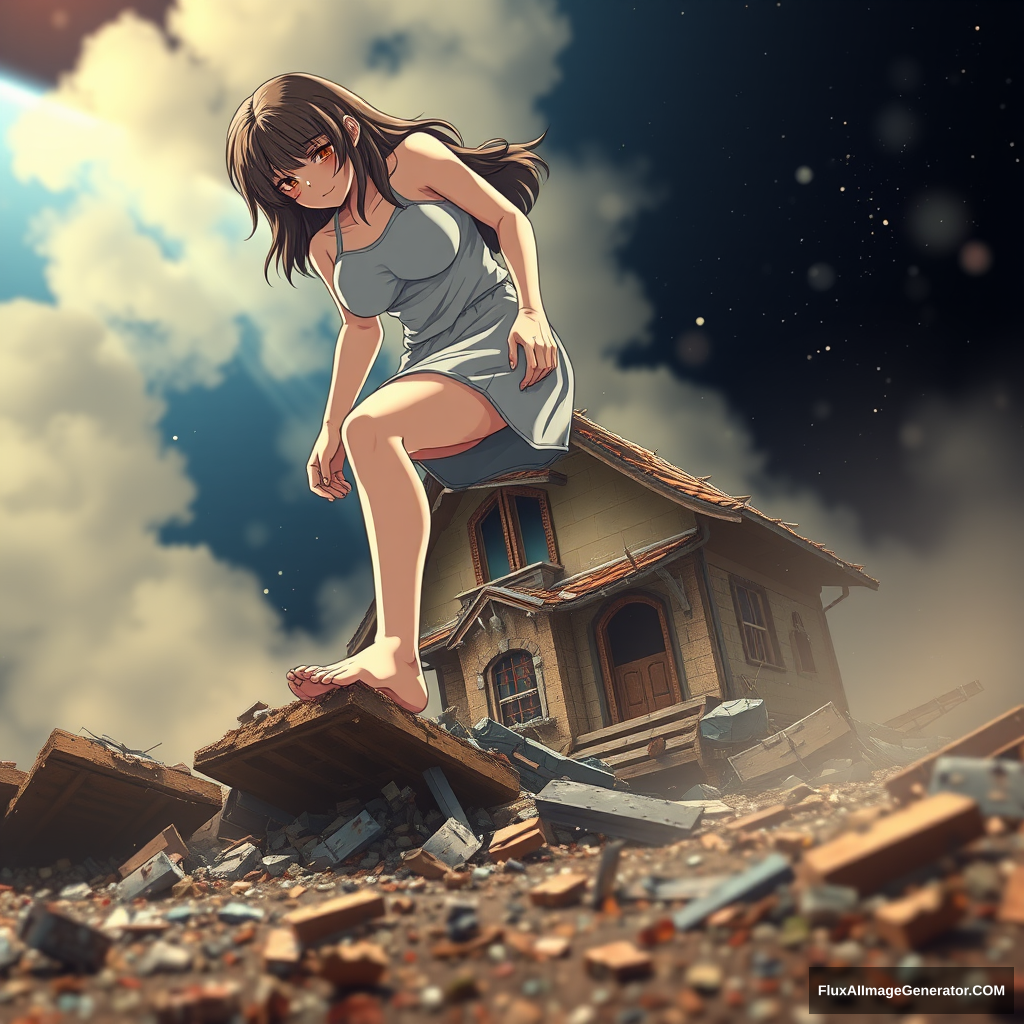 An image taken by a satellite of a gigantic, growing anime woman with a massive upper body stomping her foot on a crushed house. Pixel art style, barefoot, depth of field bokeh, destruction, smoke, debris, motion blur, water droplets, fog.