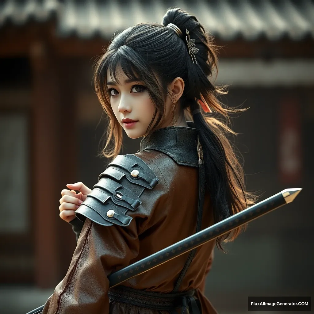 A gorgeous and elegant girl (like Tang Wei) is wearing leather armor (Korean traditional clothing style), with tousled hair and a silver hairpiece, the skirt's hemline at the back. The pus is on one side of the stain, holding a traditional Korean sword, hyper-realistic photo, Unreal Engine. - Image