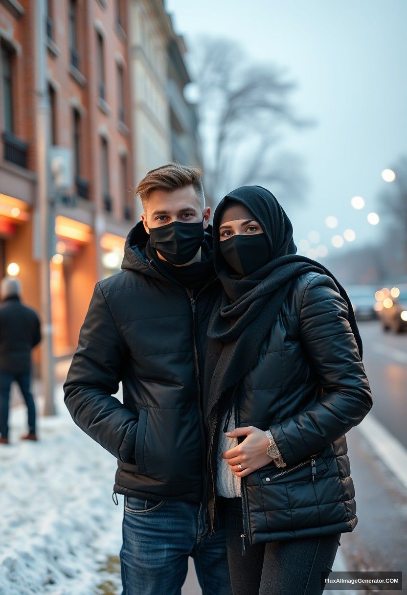 Jamie Dornan, handsome, young, black face mask, snow jacket, jeans, dating the biggest beautiful Muslim girl in a black hijab with beautiful eyes, black face mask, black leather jacket, winter scenery, standing together near the road in town, cold, photorealistic, street photography. - Image