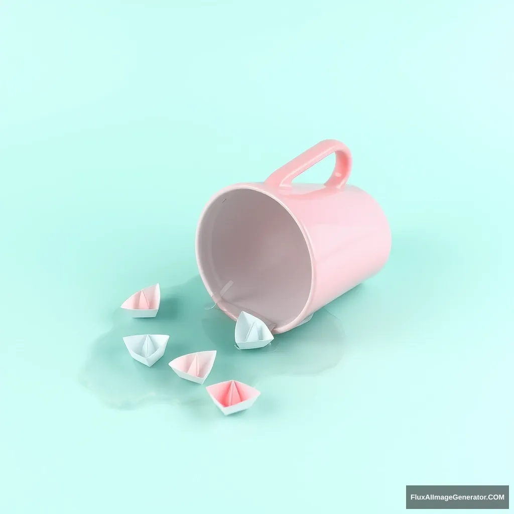 A mint-colored background with a pink ceramic cup tipped over on the ground. The cup has a handle that is vertically attached to the center of the cup. The cup is pink on the outside and white on the inside. Water is flowing out of the cup and spreading around it. Five pastel-colored paper boats, each about one-third the size of the cup, are floating on the spilled water, with all boats positioned on the water. The scene is calm and whimsical, with the contrast between the mint background, pink cup, and pastel paper boats creating a soft, pleasing visual effect. The image is composed in a three-part layout, ensuring a balanced and aesthetically pleasing distribution of elements.