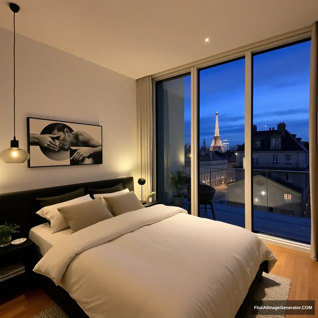 Modern bedroom apartment, big glass window, midnight in France.