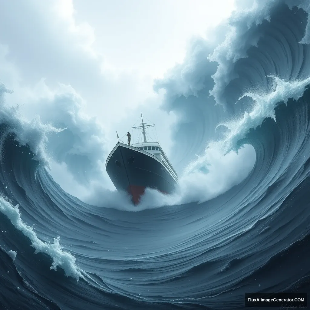 'A giant ship sailing in the towering waves.' - Image