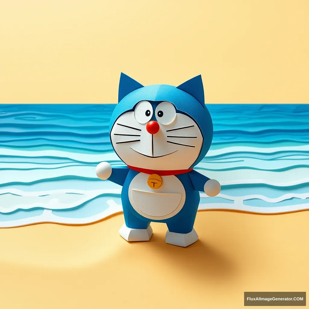 The adorable blue robotic cat Doraemon stands on the beach, gentle waves lapping at his feet. The bright sunlight shines down overhead, casting long shadows across the scene. The image is presented in a 3D paper art style, with intricate folds and layers giving the scene a tactile quality. Doraemon's iconic round body and ears are meticulously crafted, with every detail—from his whiskers to the stitching on his pocket—rendered with care. The beach is made of layered paper, featuring realistic textures and subtle color variations that mimic shifting sand. The waves are crafted from translucent blue paper, capturing the movement and texture of the ocean. The distant horizon is formed by a gradient of blue paper, suggesting a vast open sky. The scene is bathed in warm, sunny light, giving the paper art a sense of life and vibrancy. - Image