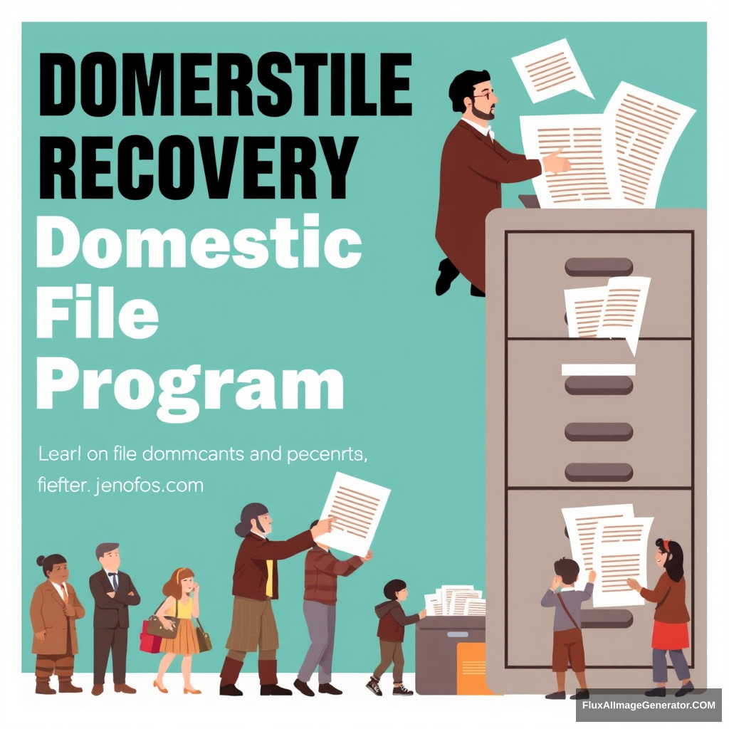 "Create a promotional poster for a program called: Domestic File Recovery Program. The poster should show historical figures from Guanajuato and other citizens depositing documents into a filing cabinet." - Image