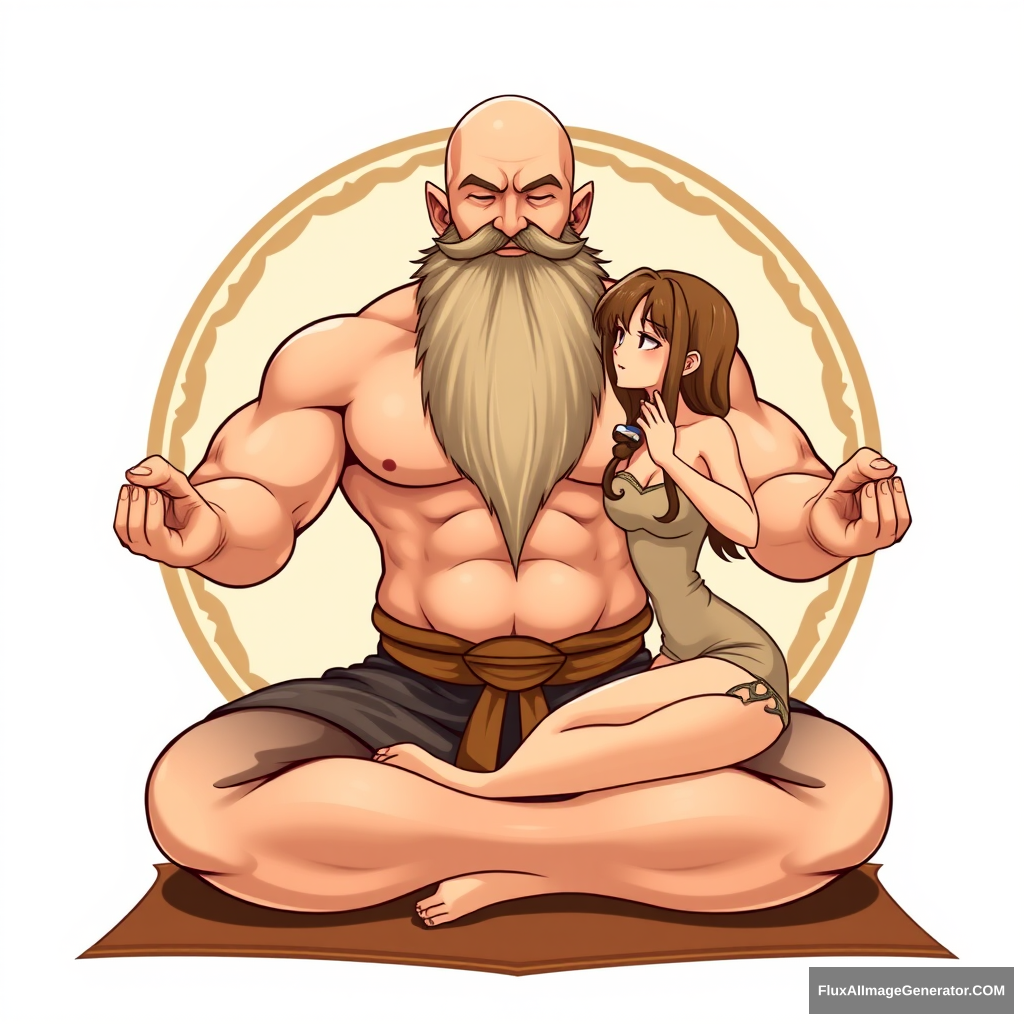 Yoga Center Tahir logo: a muscular large bald dwarf with a beard in the lotus position flirting with an anime woman. - Image