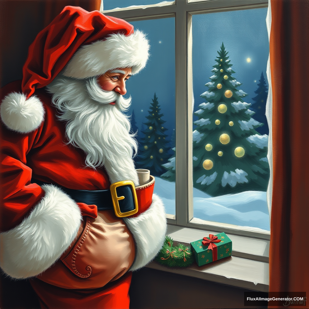 Santa's hip pocket is stuck in the window, a painting by Authur Sarnoff, 4k.