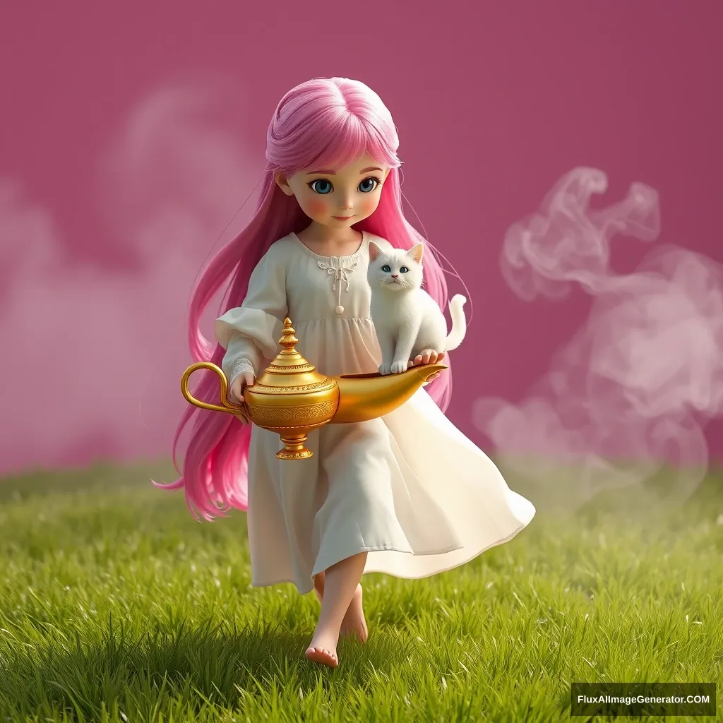 A girl with pink long hair, wearing a white chiffon dress, walking on the soft grass, holding an Aladdin magic lamp. Sitting on the lamp is a white furry cat, surrounded by mysterious light and smoke. The background is solid color, Picas style, 3D rendering, natural light, high-definition picture quality, 8k, - niji 6. - Image