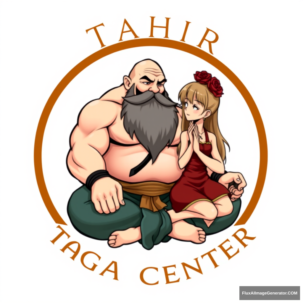 "Tahir Yoga Center" logo: a muscular large bald dwarf with a beard in the lotus position flirts with an anime girl.