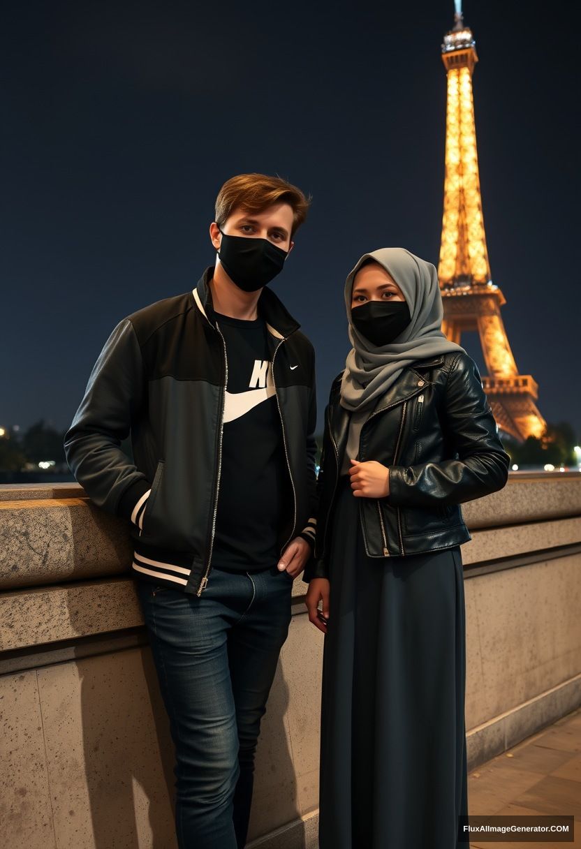 Jamie Dornan, youngest, black face mask, collage jacket, Nike t-shirt, jeans, tall man, fit body,

Dating, love with the biggest gray hijab Muslim girl, beautiful eyes, black face mask, leather jacket, biggest longest skirt, cute short girl,

standing by a wall, an Eiffel Tower, night scenery, hyper-realistic, photorealistic, street photography. - Image