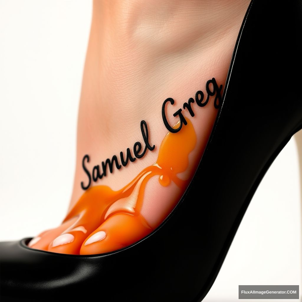 The name "Samuel Greg" on a woman's foot in a black high heel. There is oil all over the foot. - Image