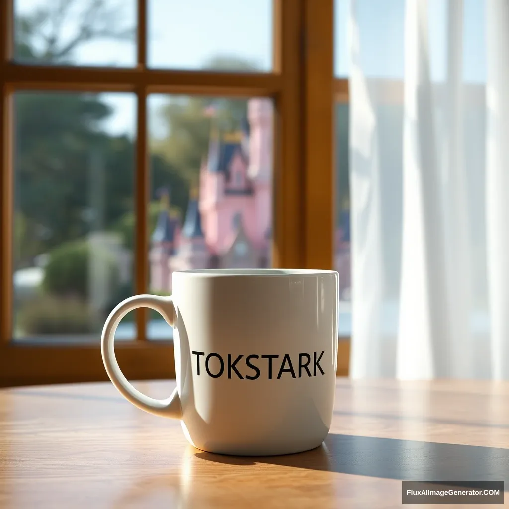 A white coffee cup with the text "TOKSTARK" on a table with a pink castle seen outside the window, photorealistic.