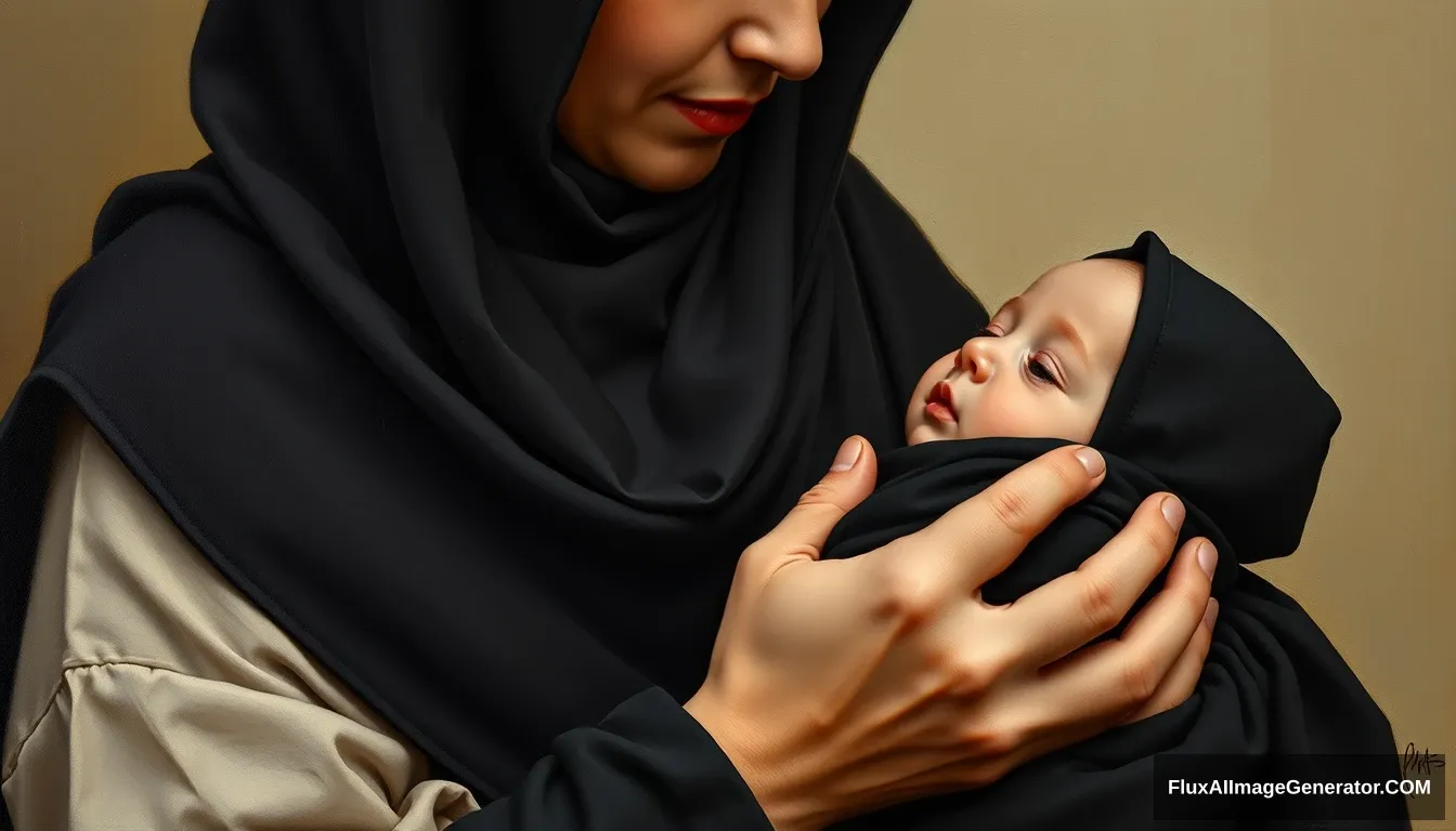 A pious woman is holding a baby boy, her palms covered in black cloth, wearing a long niqab, her neck covered by a perfect hijab. Realistic, full body, oil painting. - Image