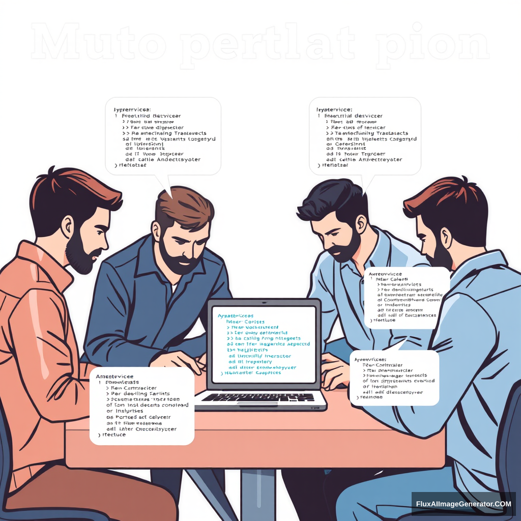 Team working on different services with separate code bases. Alt text: Developers collaborating on different microservices, showcasing the concept of independent development teams.