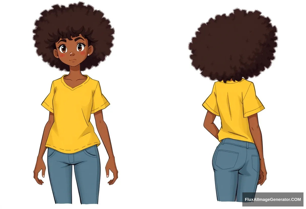 character sheet, front and side profile, girl in yellow shirt with jeans, afro hair covering eyes,